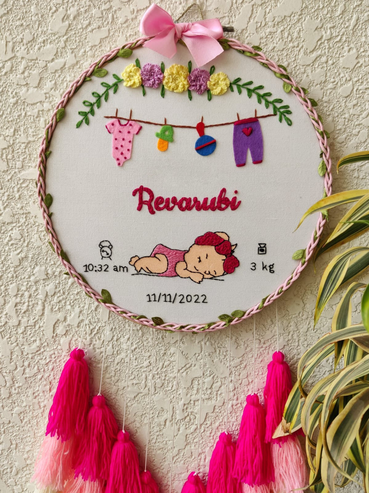 'New Born Baby Girl' Customizable Embroidered Hoop with Tassels