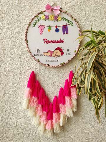 'New Born Baby Girl' Customizable Embroidered Hoop with Tassels