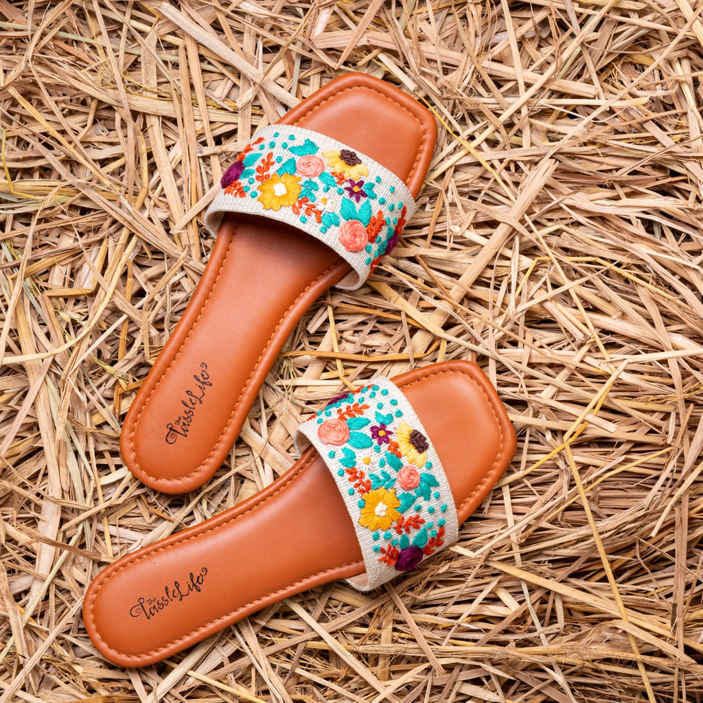 Multi-color floral embroidered Sliders