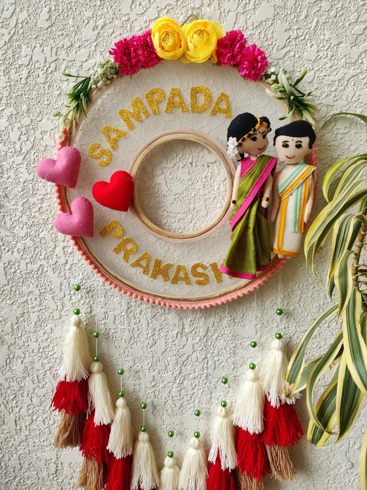 Customizable Bride & Groom Felt Double Photo Hoop with Tassles