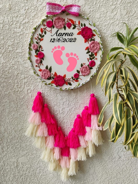 Baby Footprint Customizable Embroidered Hoop with Tassels