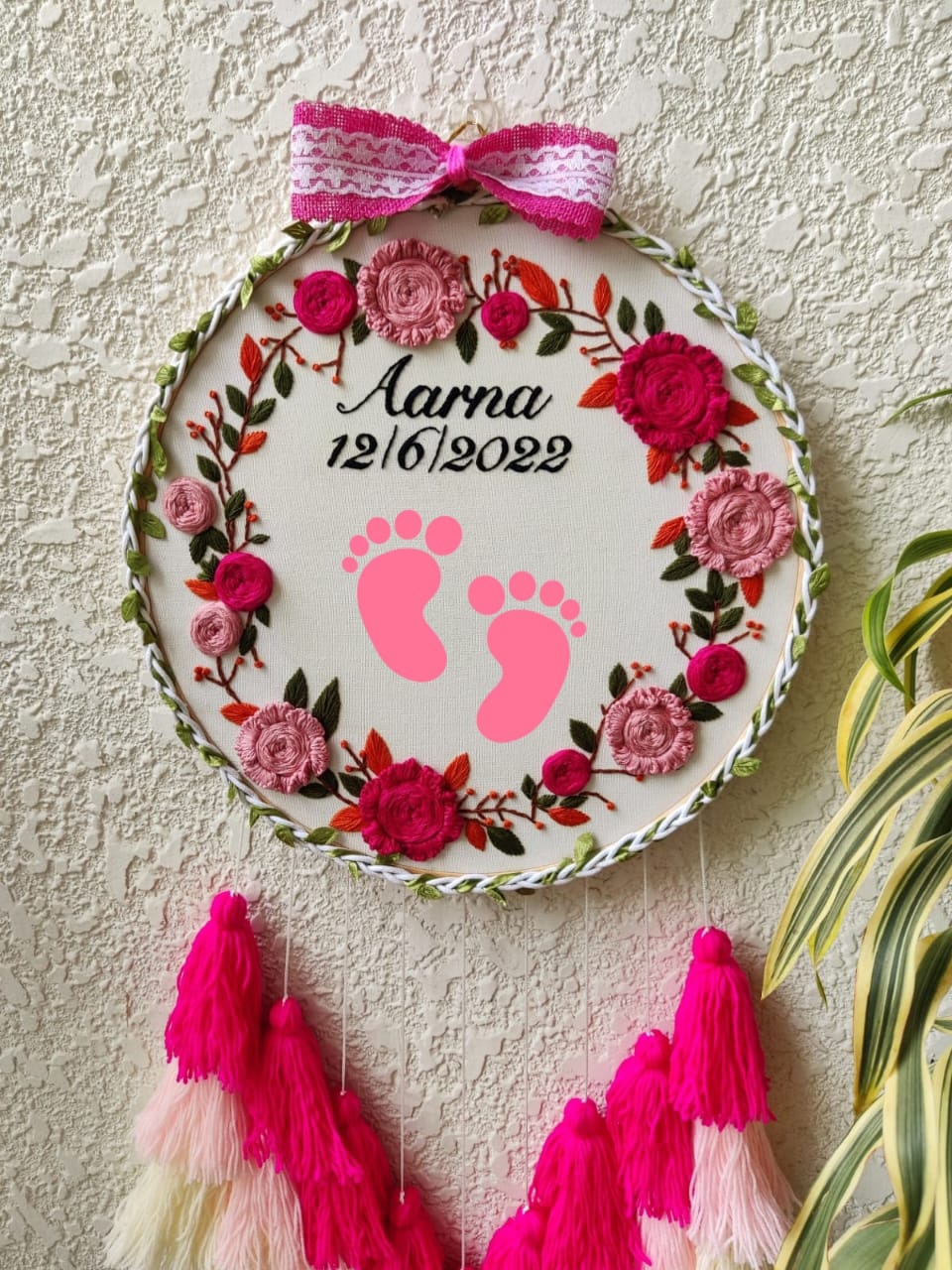 Baby Footprint Customizable Embroidered Hoop with Tassels