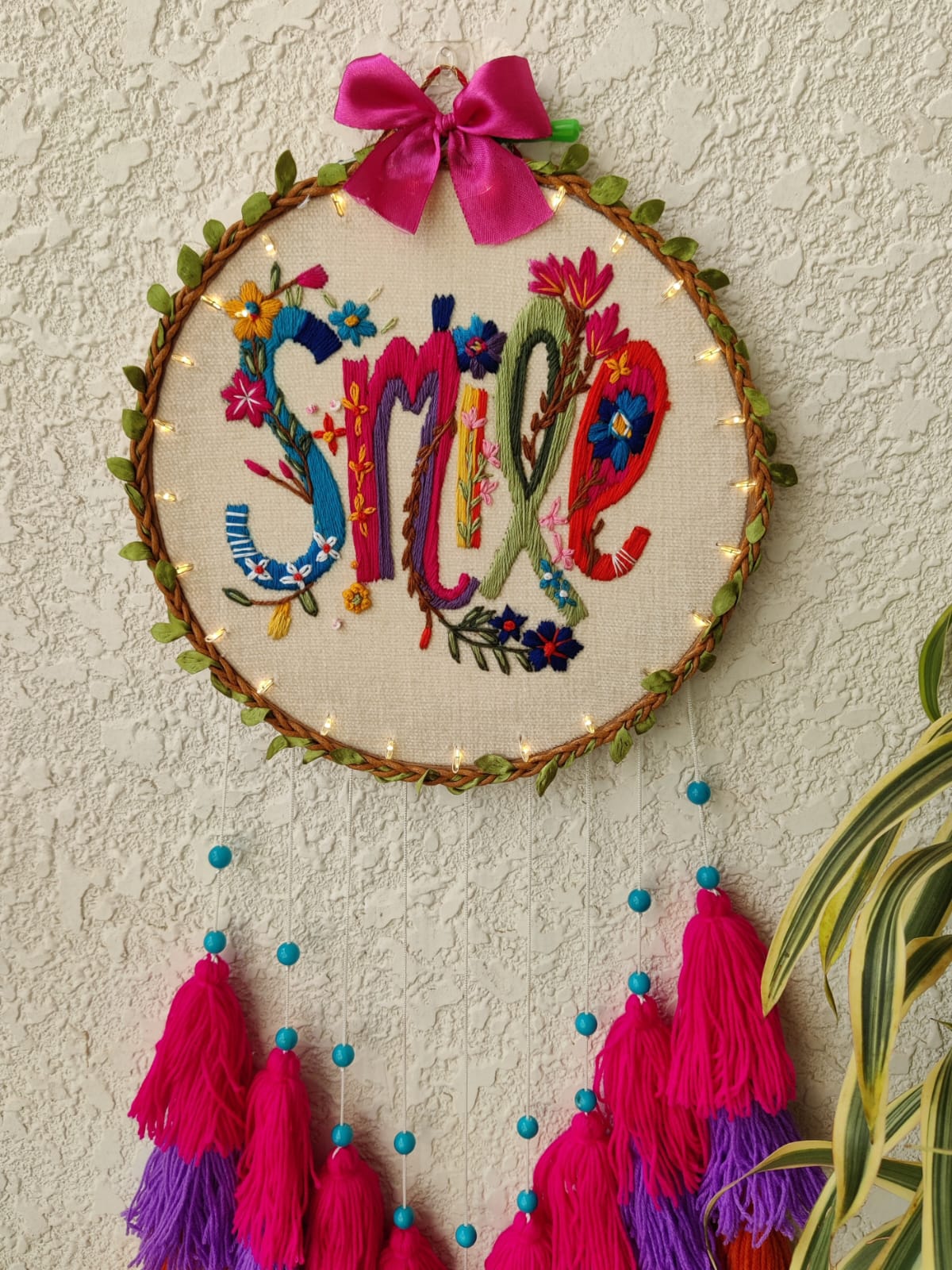 'Smile' Embroidered Hanging Dreamcatcher with Lights