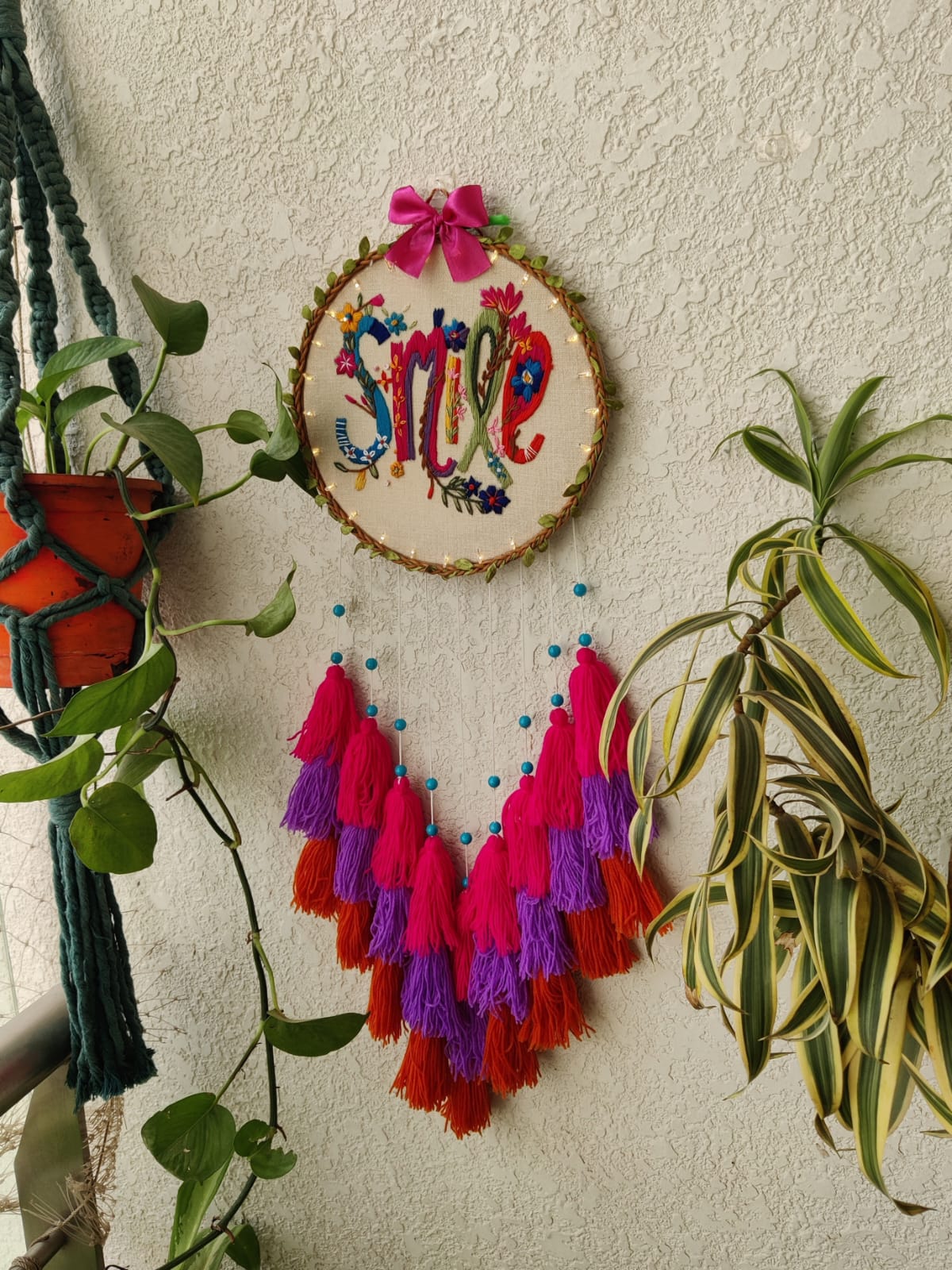 'Smile' Embroidered Hanging Dreamcatcher with Lights
