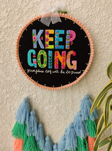 'Keep Going' Embroidered Hanging Dreamcatcher with Lights