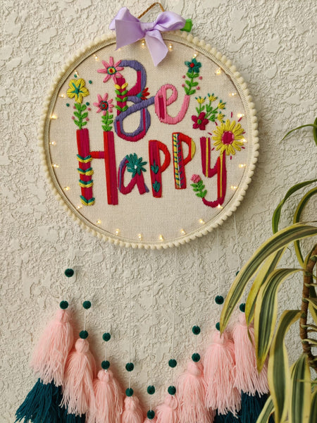 'Be Happy' Embroidered Hanging Dreamcatcher with Lights