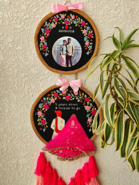 Customizable Bride & Groom Calendar Embroidered Double Hoop with Tassels