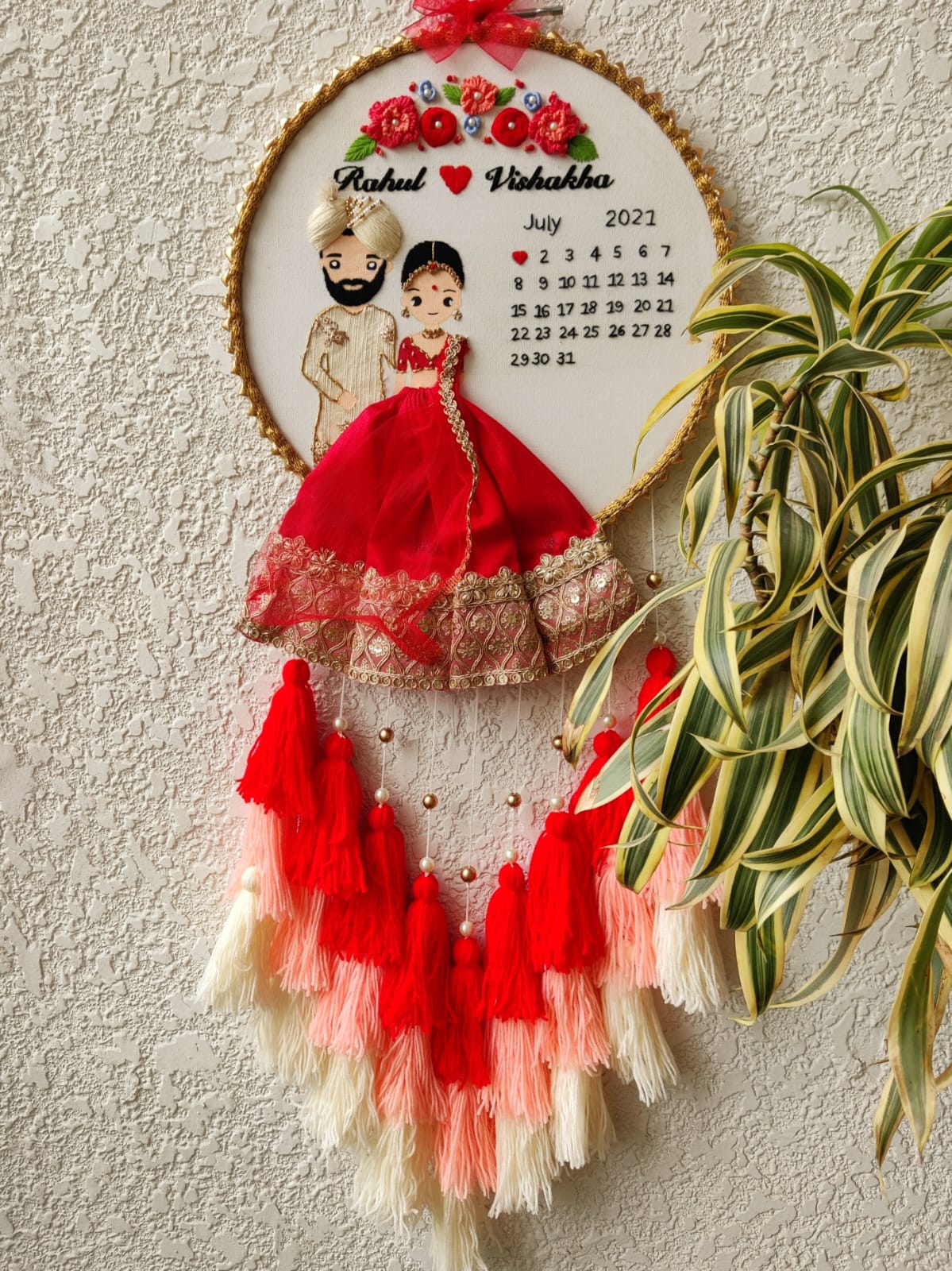 Customizable Bride & Groom Calendar Embroidered Hoop with Tassels
