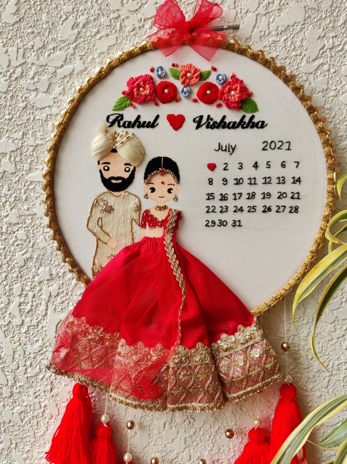 Customizable Bride & Groom Calendar Embroidered Hoop with Tassels