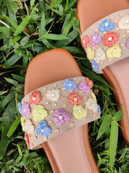 Multi-color 3D floral embroidered Heel Sliders