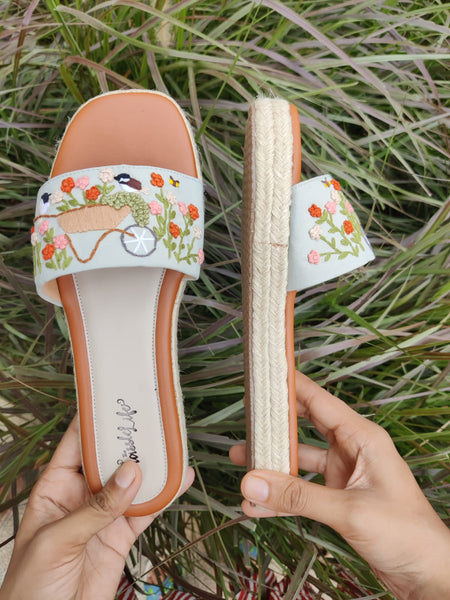 Bird & Floral Cart embroidered Heel Sliders