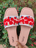 3D Red flowers embroidered Heel Sliders