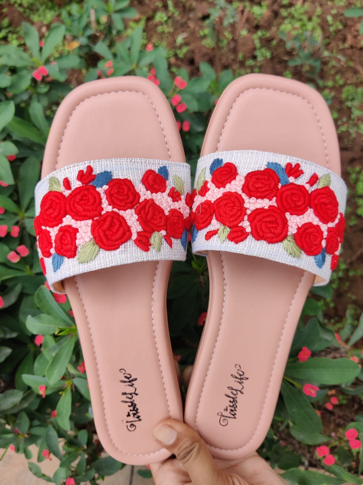 3D Red flowers embroidered Heel Sliders