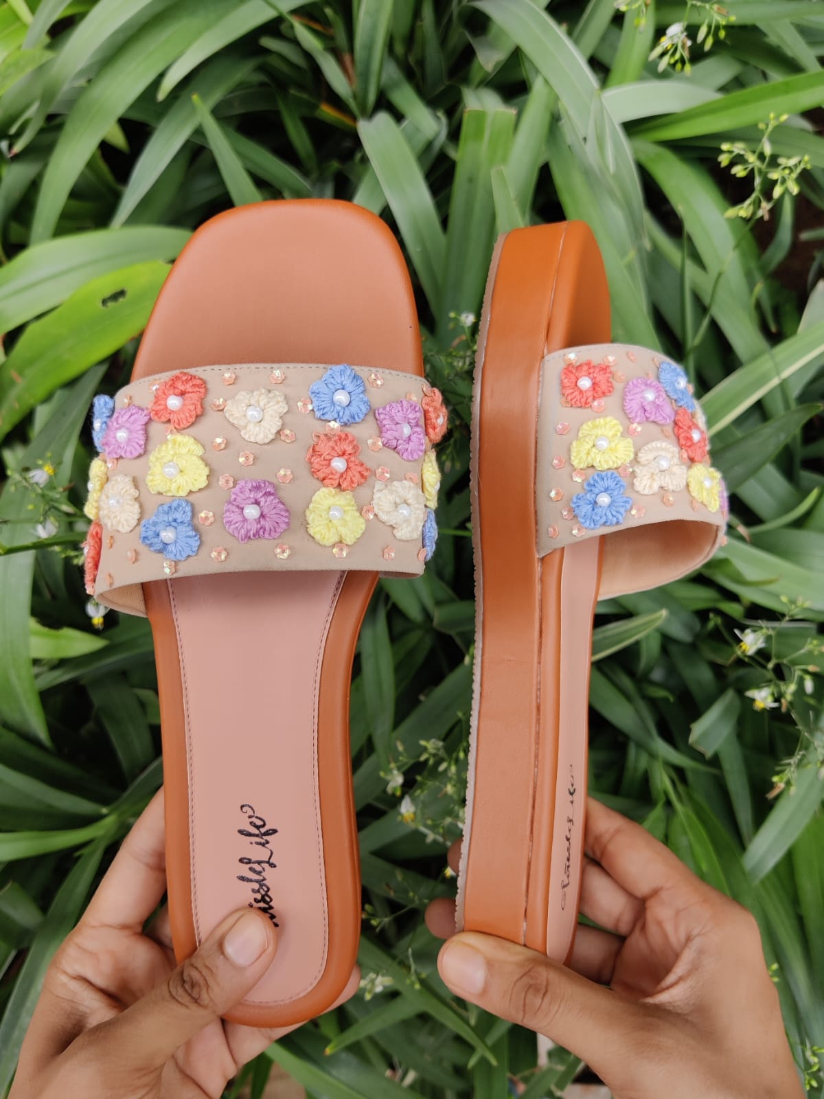 Multi-color 3D floral embroidered Heel Sliders