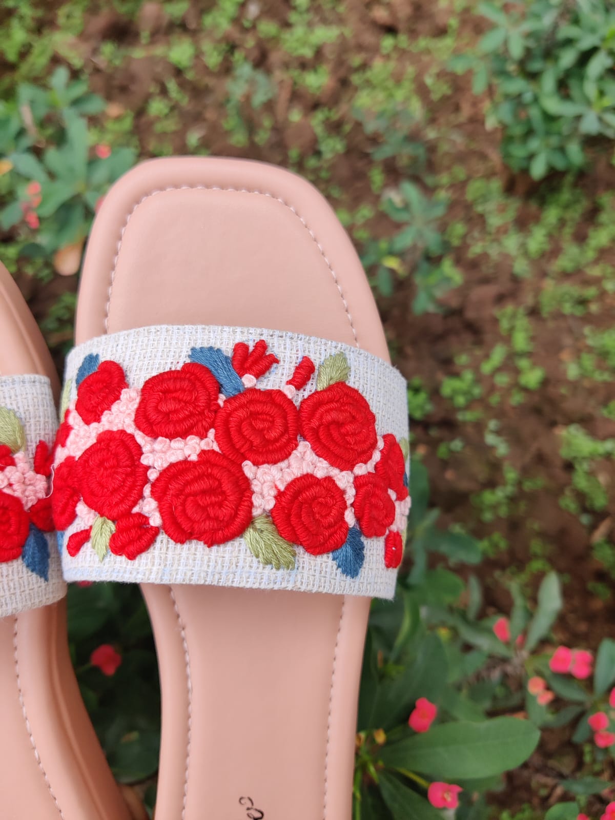 3D Red flowers embroidered Heel Sliders