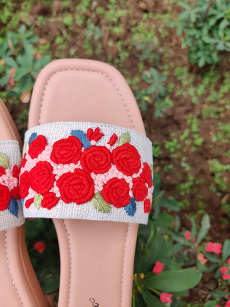 3D Red flowers embroidered Heel Sliders