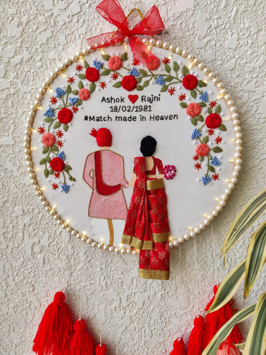 Customizable Couple Embroidered Hoop with Tassels & Lights