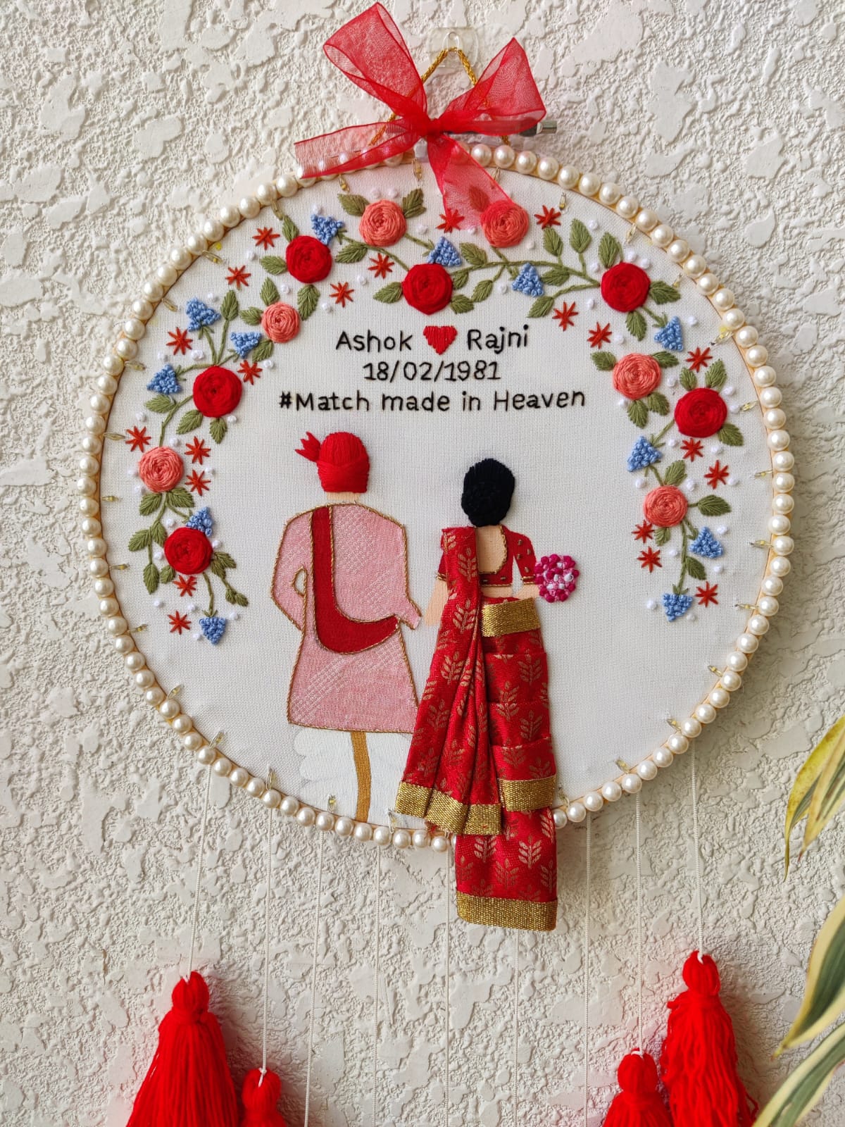 Customizable Couple Embroidered Hoop with Tassels & Lights