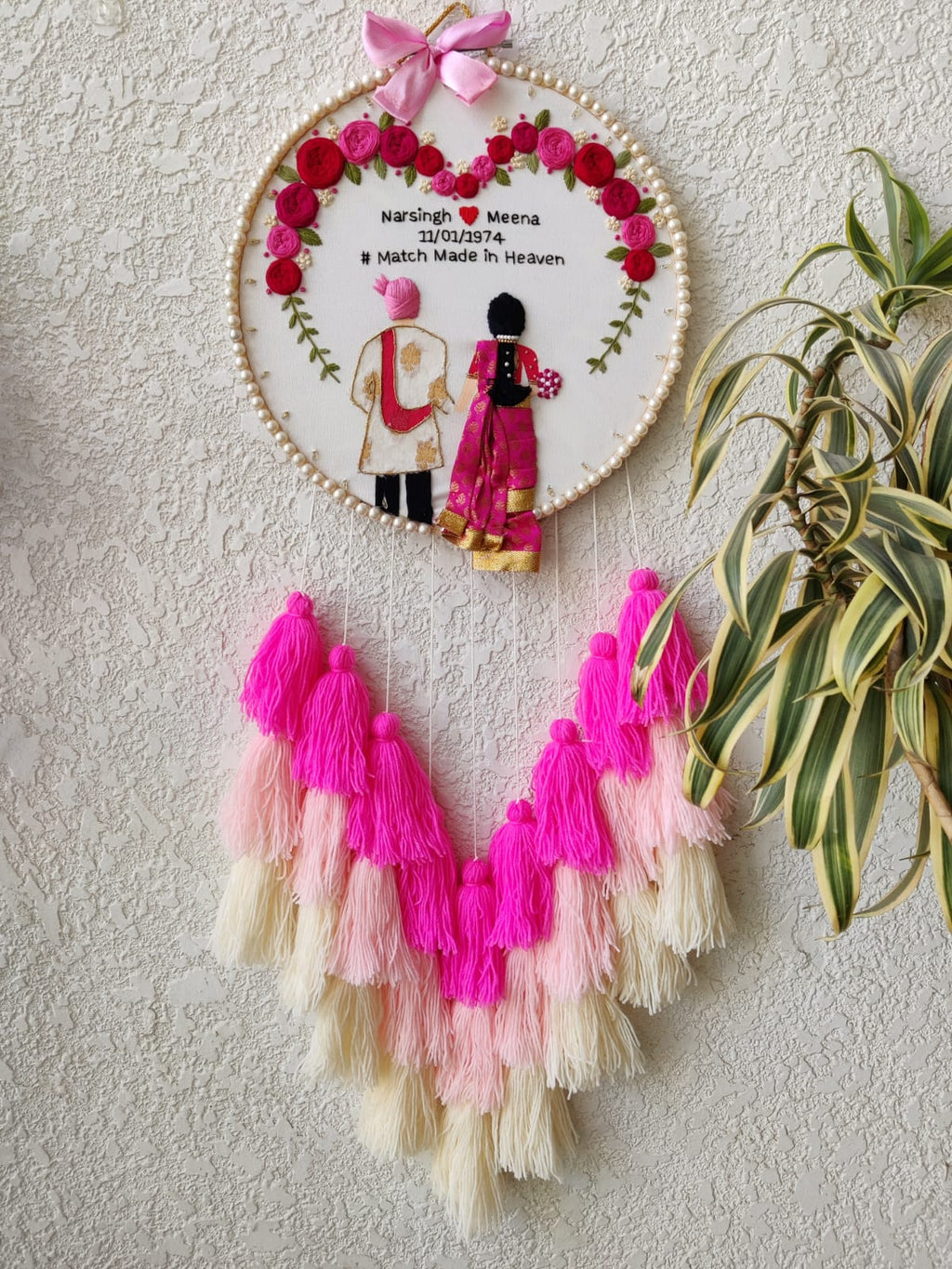 Customizable Couple Embroidered Hoop with Tassels & Lights
