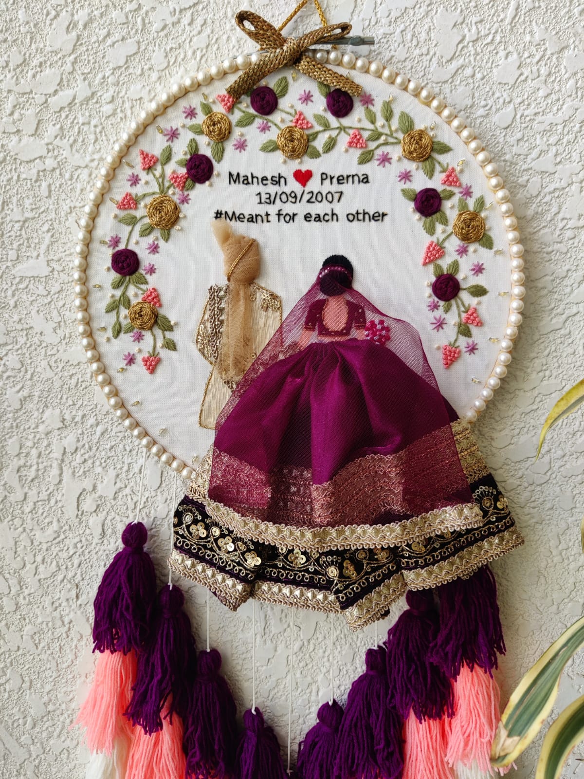 Customizable Couple Embroidered Hoop with Tassels & Lights