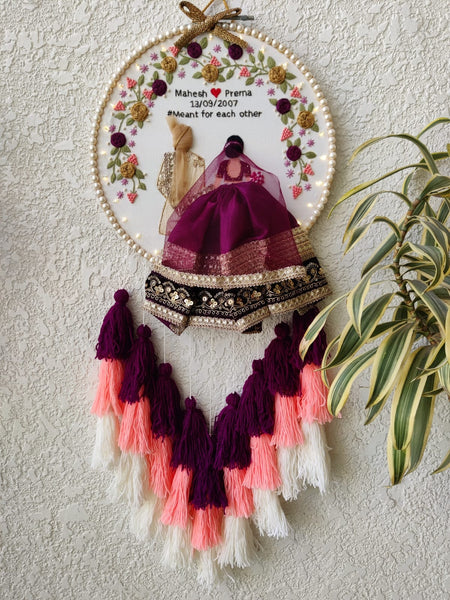Customizable Couple Embroidered Hoop with Tassels & Lights