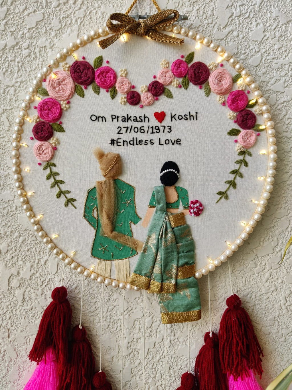 Customizable Couple Embroidered Hoop with Tassels & Lights