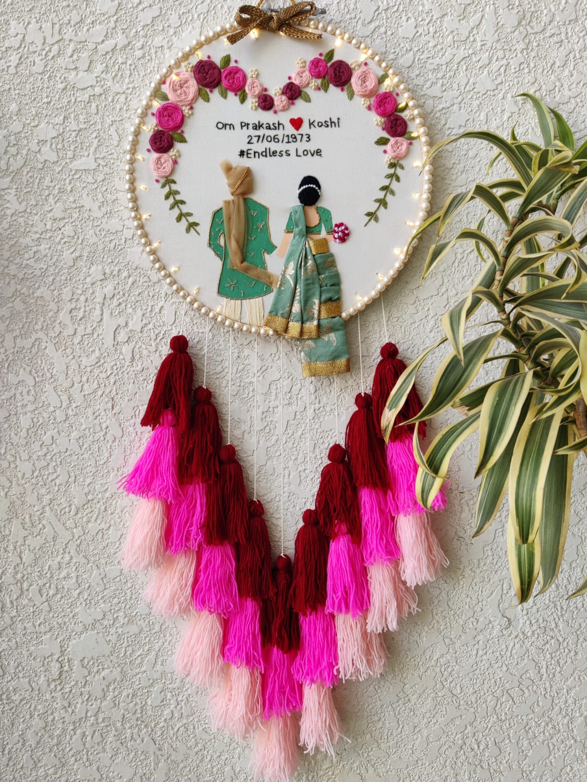 Customizable Couple Embroidered Hoop with Tassels & Lights