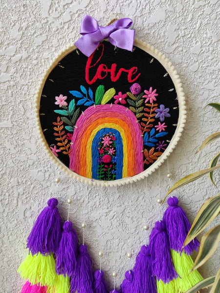 'Rainbow Love' Embroidered Hanging Dreamcatcher with Lights