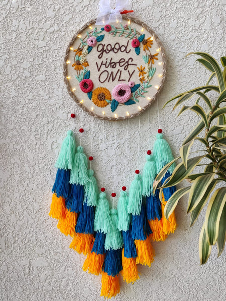 'Good Vibes Only' Embroidered Hanging Dreamcatcher with Lights