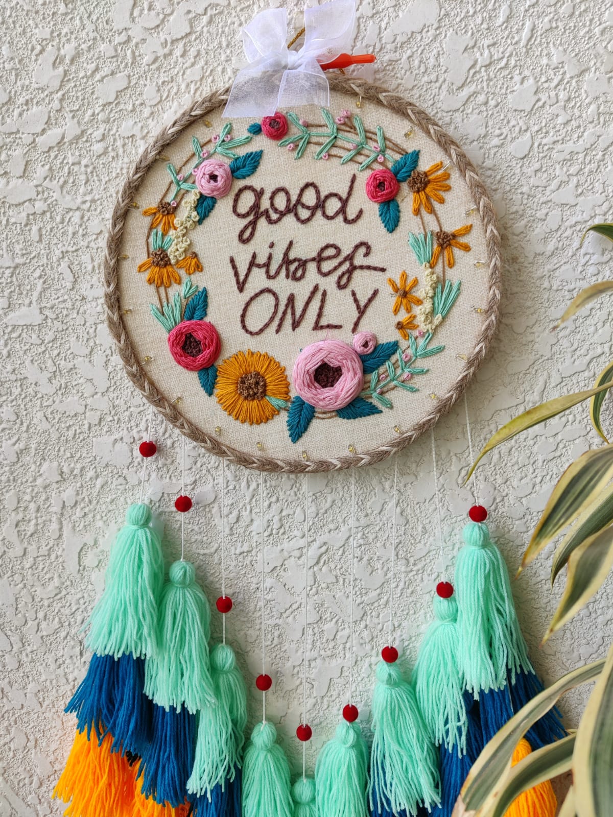 'Good Vibes Only' Embroidered Hanging Dreamcatcher with Lights