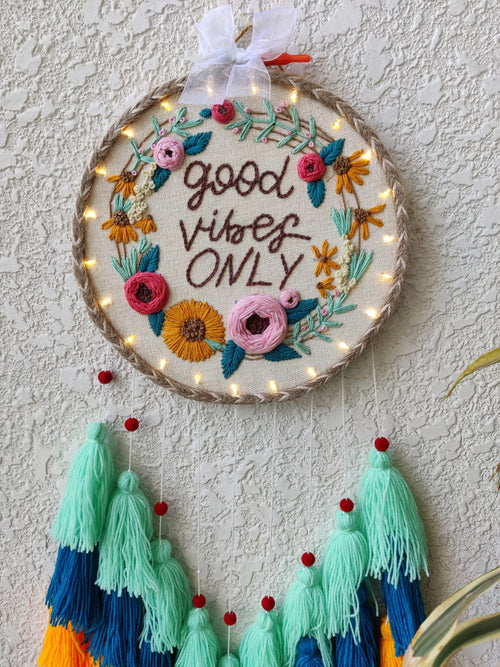 'Good Vibes Only' Embroidered Hanging Dreamcatcher with Lights
