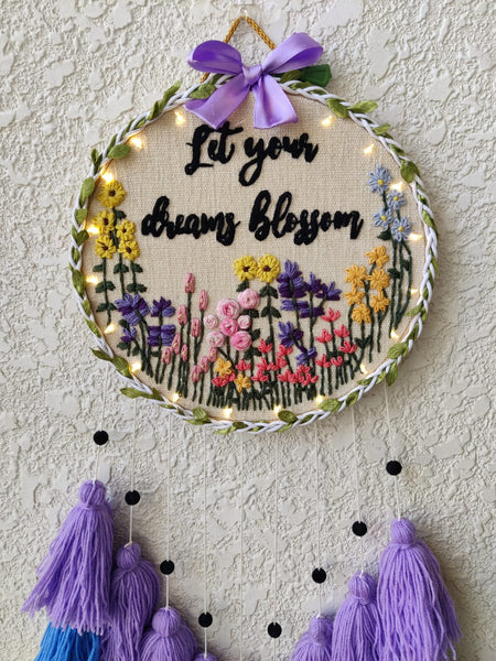 'Let your Dreams Blossom' Embroidered Hanging Dreamcatcher with Lights