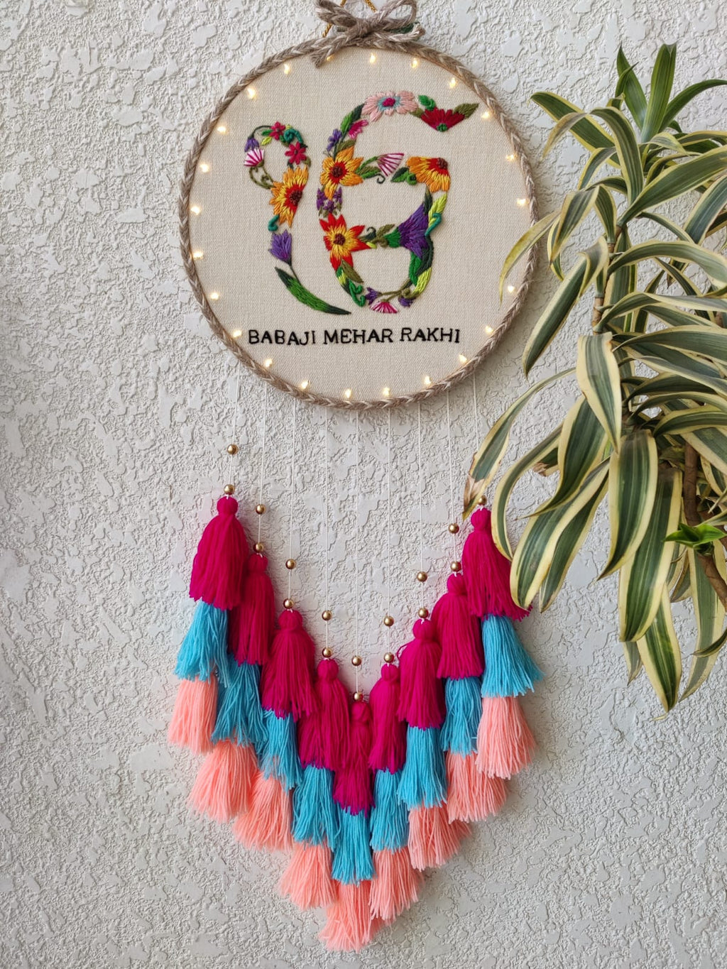 'IK Onkar' Embroidered Hanging Dreamcatcher with Lights