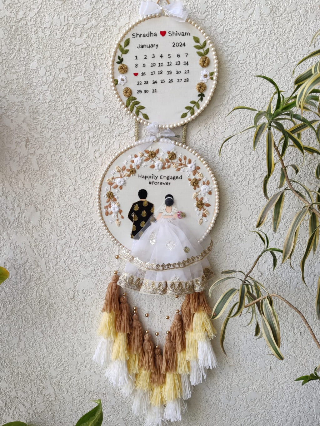 Customizable Bride & Groom Calendar Embroidered Double Hoop with Tassels