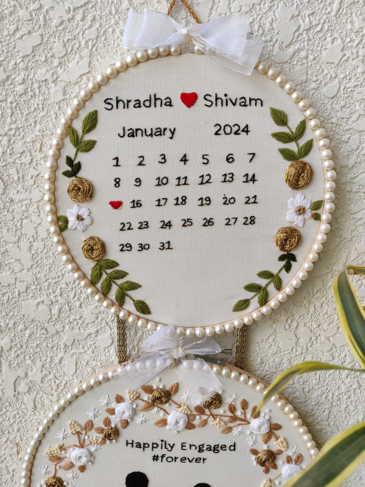 Customizable Bride & Groom Calendar Embroidered Double Hoop with Tassels