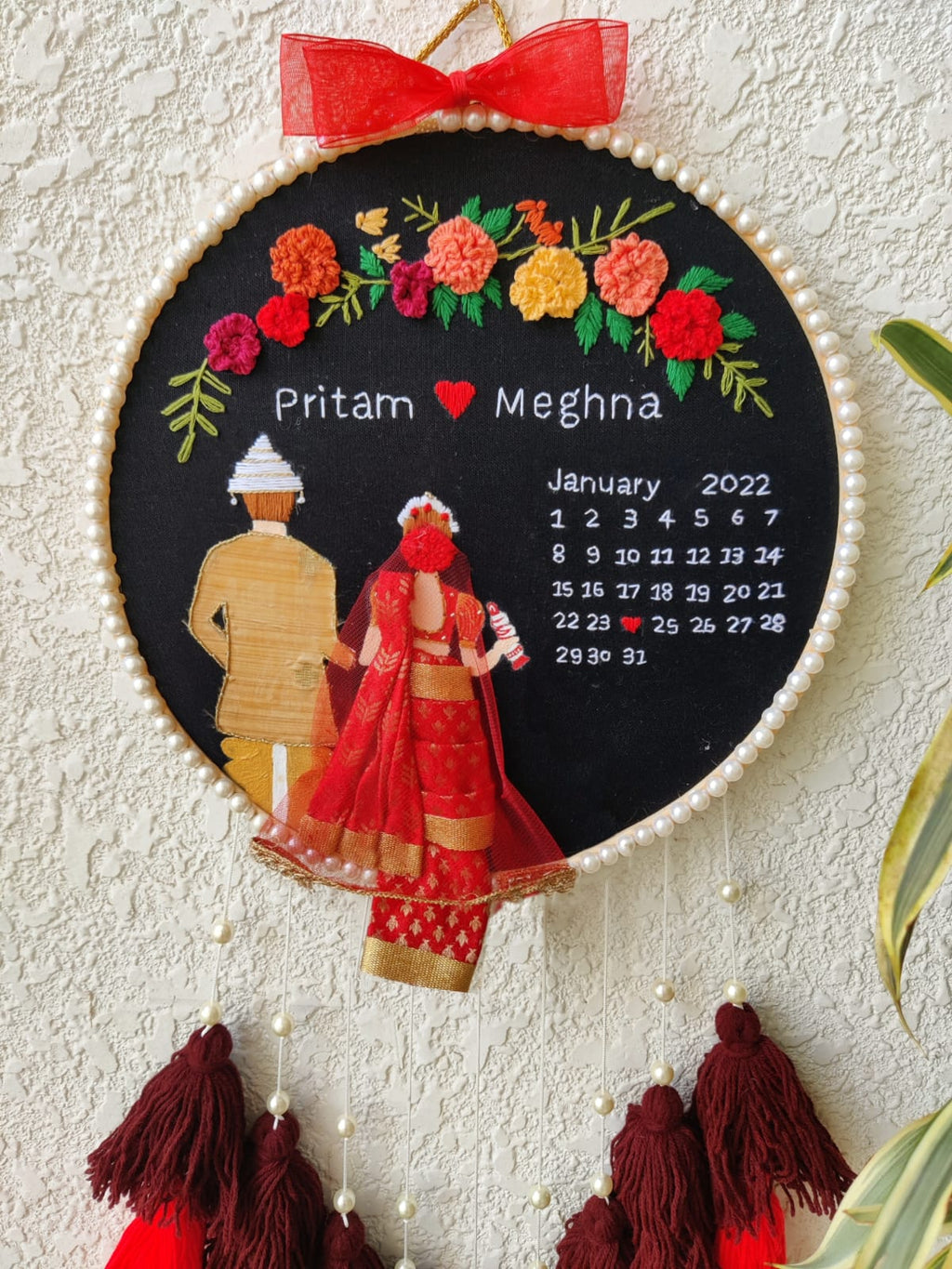 Customizable Bride & Groom Calendar Embroidered Hoop with Tassels