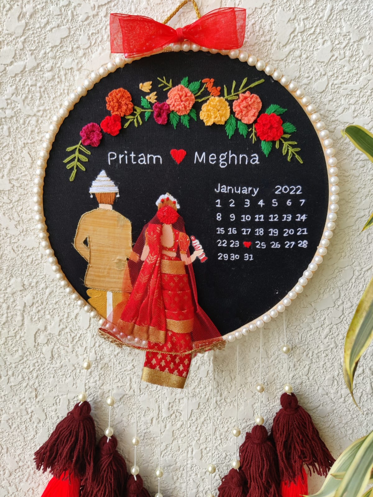 Customizable Bride & Groom Calendar Embroidered Hoop with Tassels