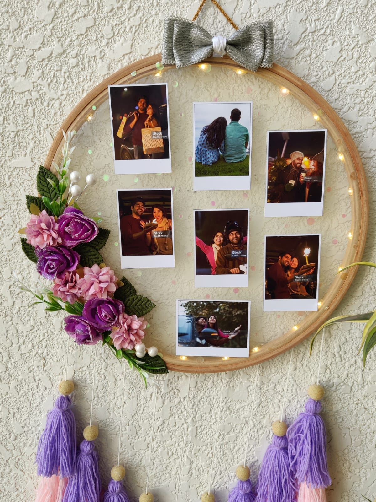 Floral Photo Frame Hoop with Tassles & Lights