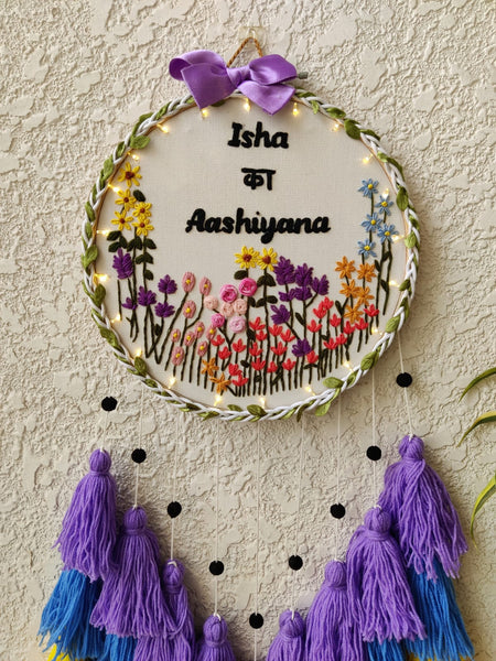Customizable Name Floral Embroidered Hoop with Tassles & Lights