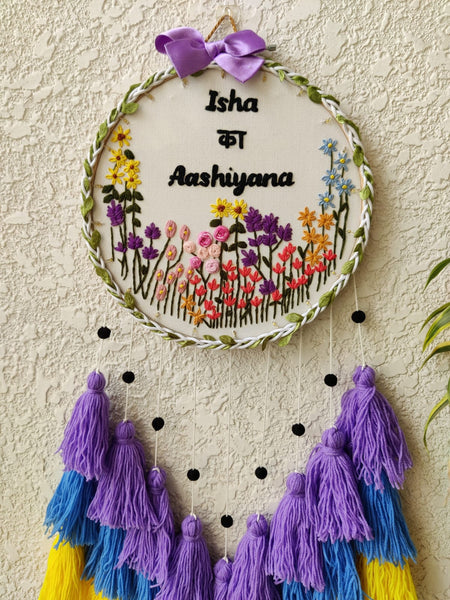Customizable Name Floral Embroidered Hoop with Tassles & Lights