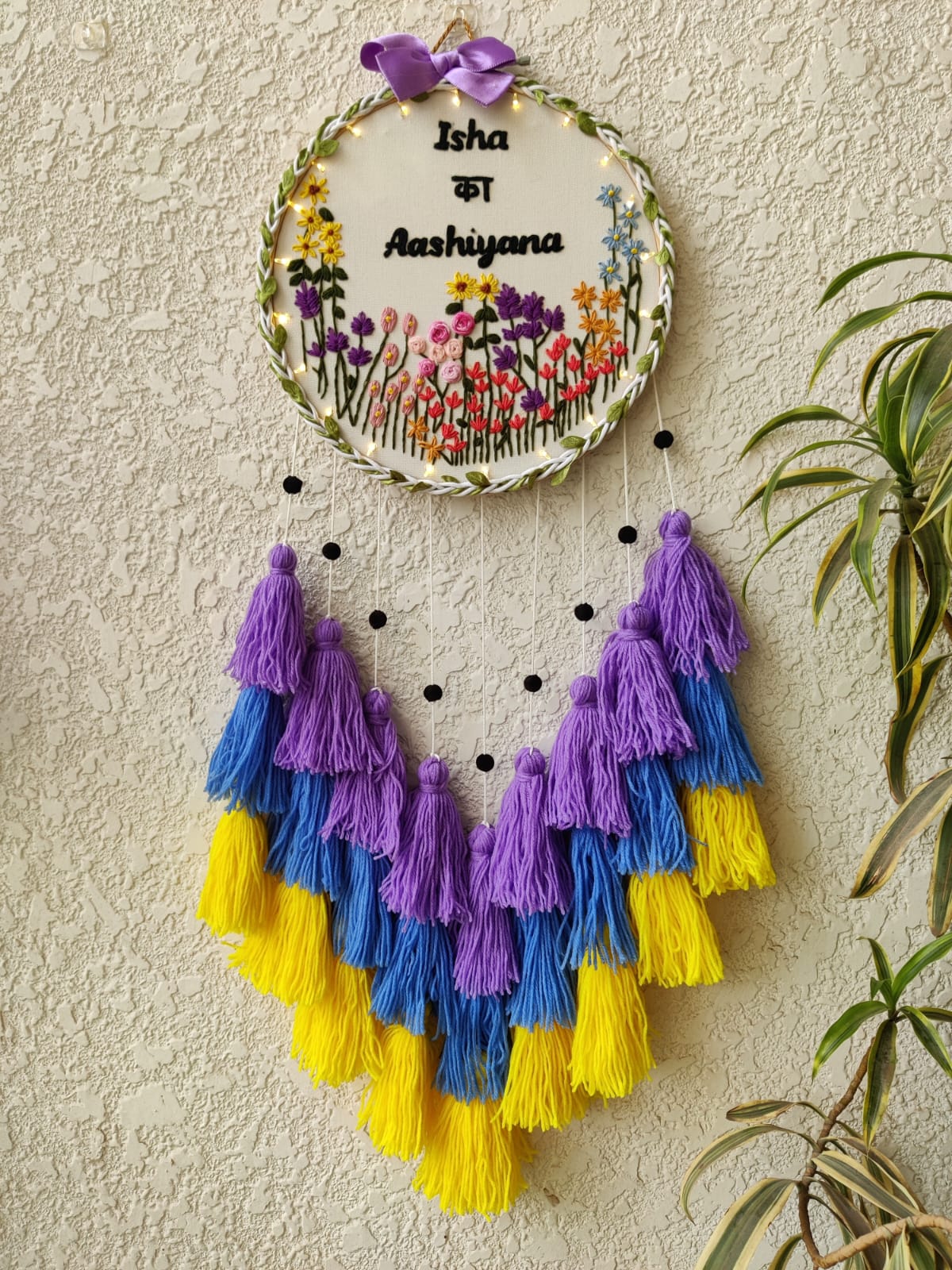 Customizable Name Floral Embroidered Hoop with Tassles & Lights