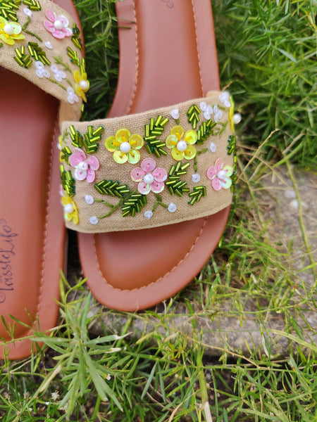 Hand Embroidered Sequence Floral Jute Sliders
