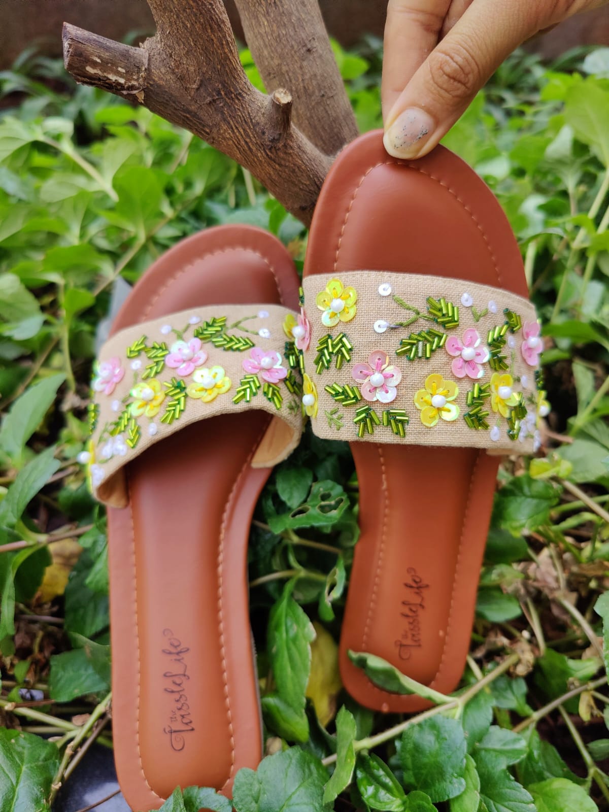 Hand Embroidered Sequence Floral Jute Sliders