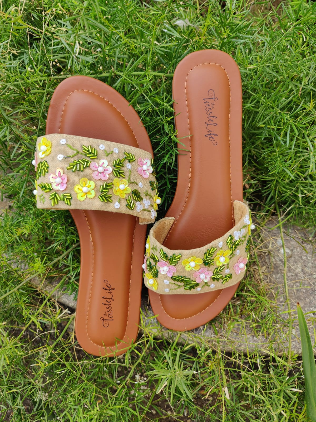 Hand Embroidered Sequence Floral Jute Sliders