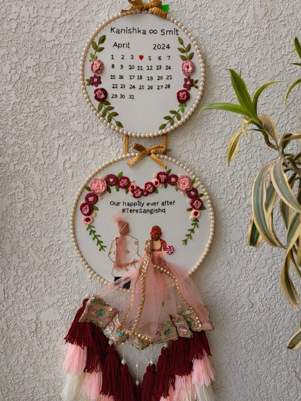 Customizable Bride & Groom Calendar Embroidered Double Hoop with Tassels