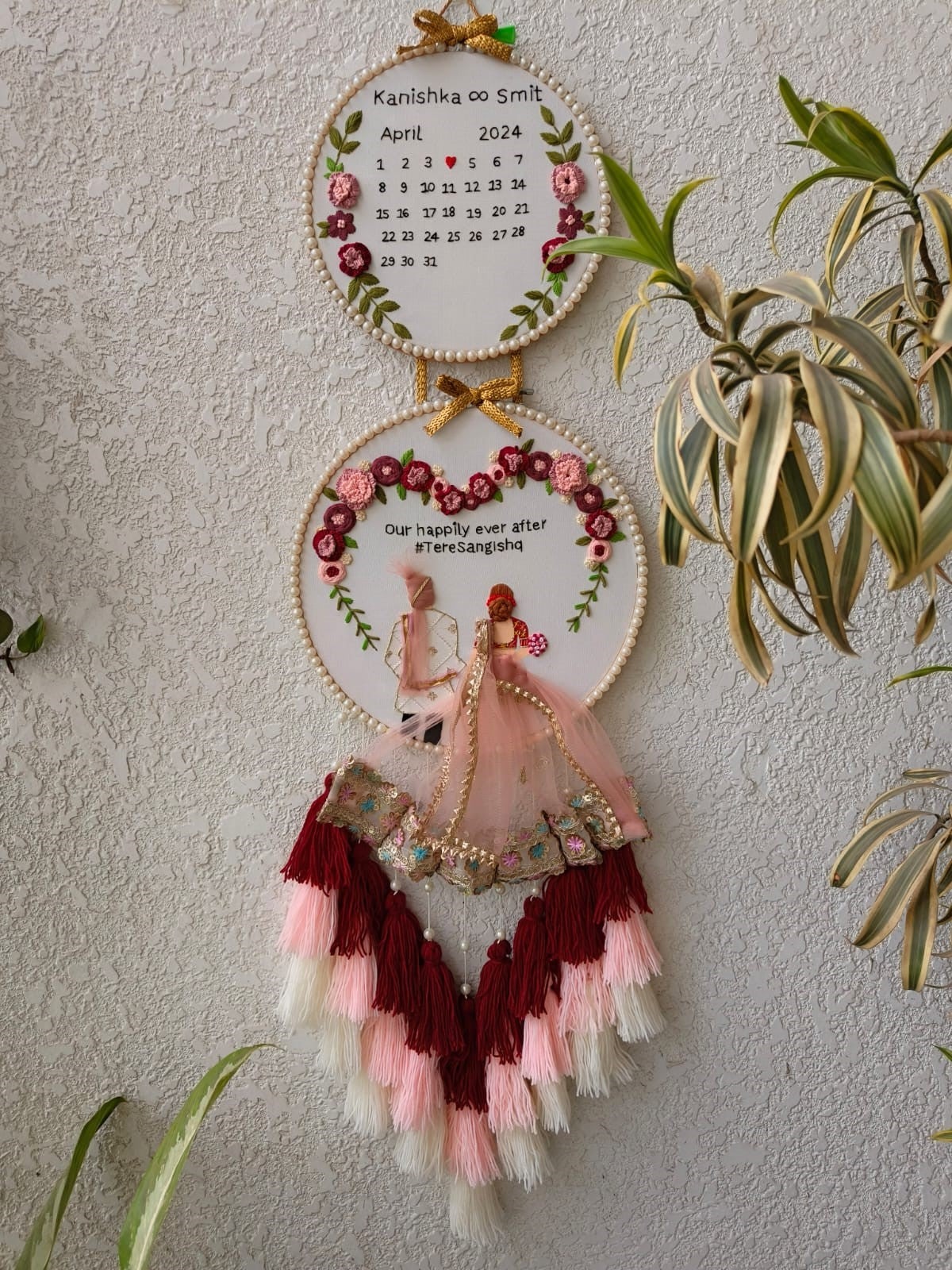 Customizable Bride & Groom Calendar Embroidered Double Hoop with Tassels