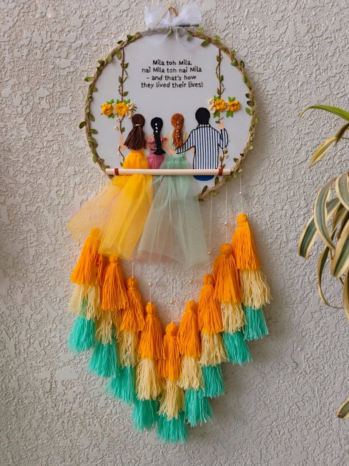 Four Friends on Swing Embroidered Hoop with Tassels