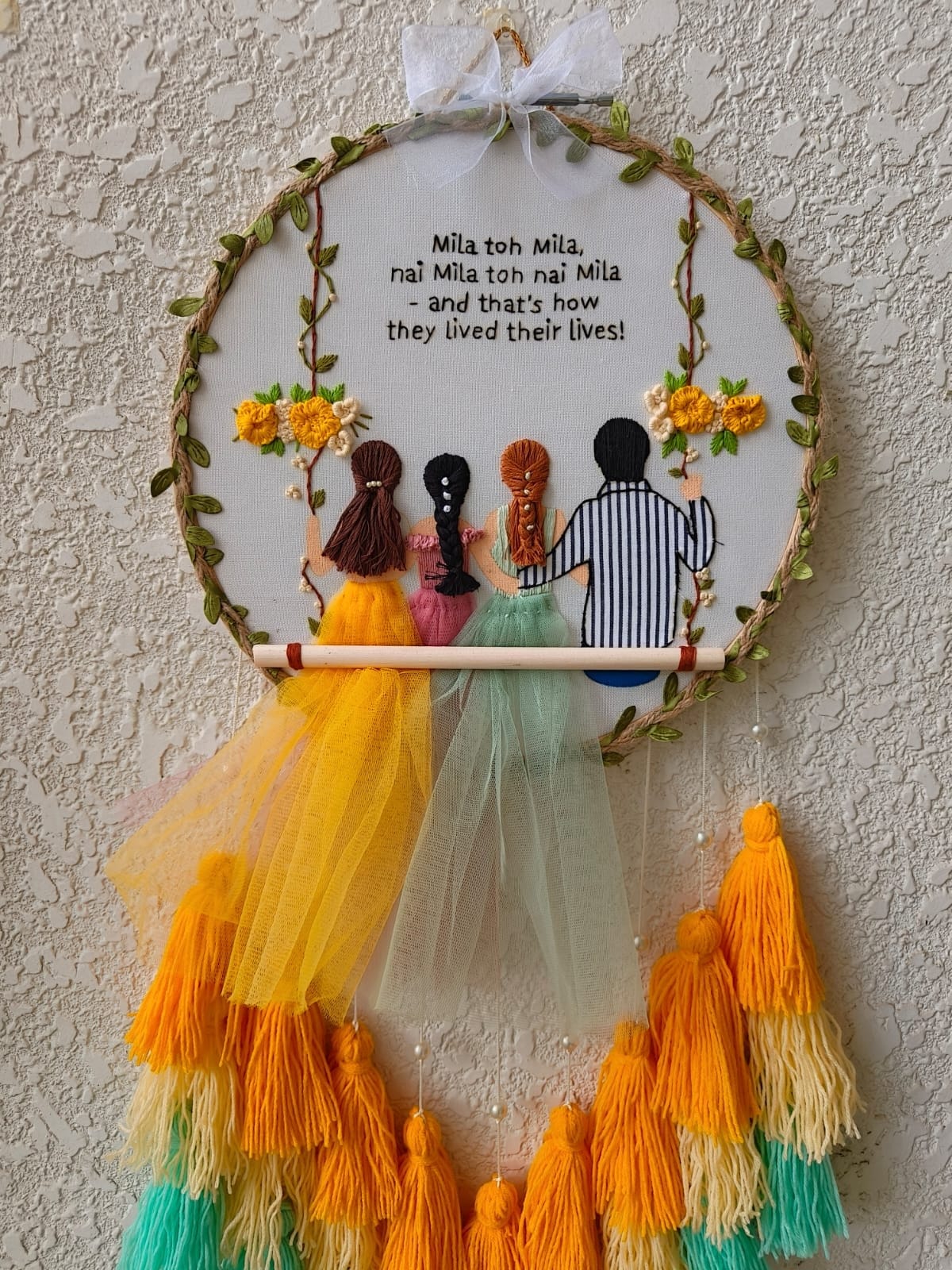 Four Friends on Swing Embroidered Hoop with Tassels