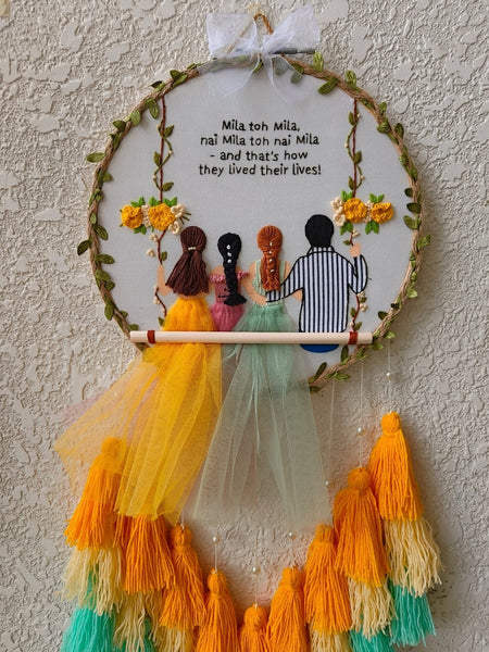 Four Friends on Swing Embroidered Hoop with Tassels