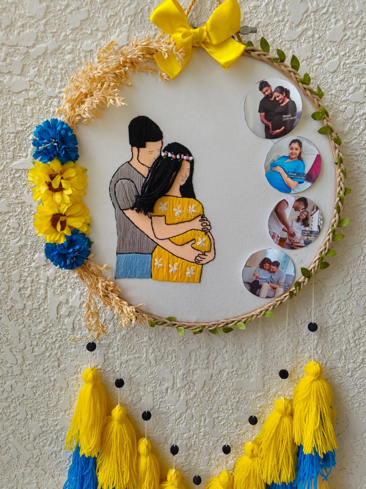 Expecting Couple Embroidered Photo Hoop with Tassels